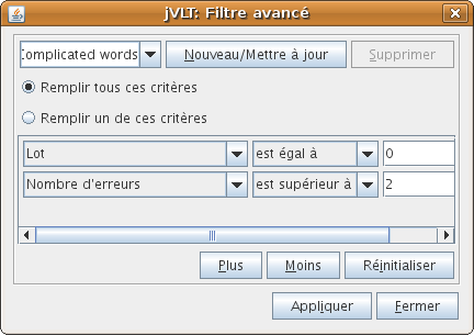 Advanced filter dialog